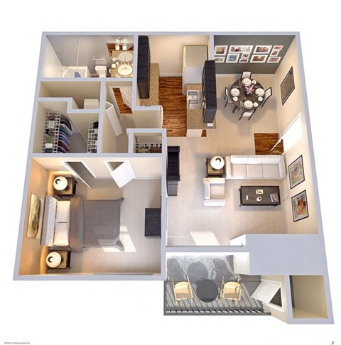 Floor plan for 1 bed, 1 bath, 627 sqft